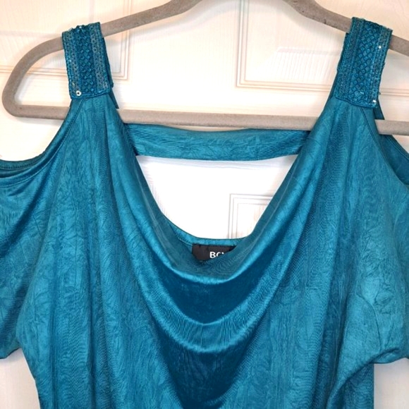 BCX Blue Cowl Neck Cold Shoulder Shiny Blouse Size XS - Picture 3 of 7